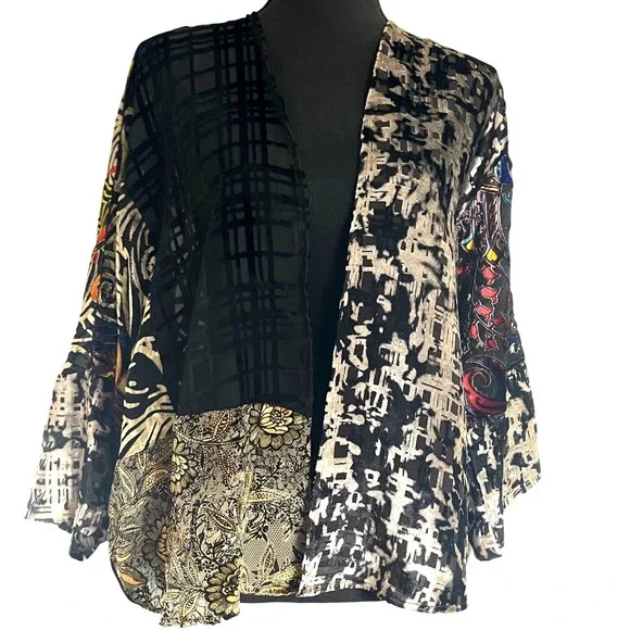 Anthropologie Floreat Velvet Burnout Muse Kimono Top O/S Patchwork Open‎ Front - Picture 3 of 12